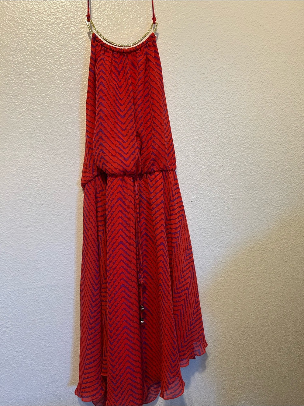 City Studio Red and Navy Chevron Maxi Dress with Chain Accent